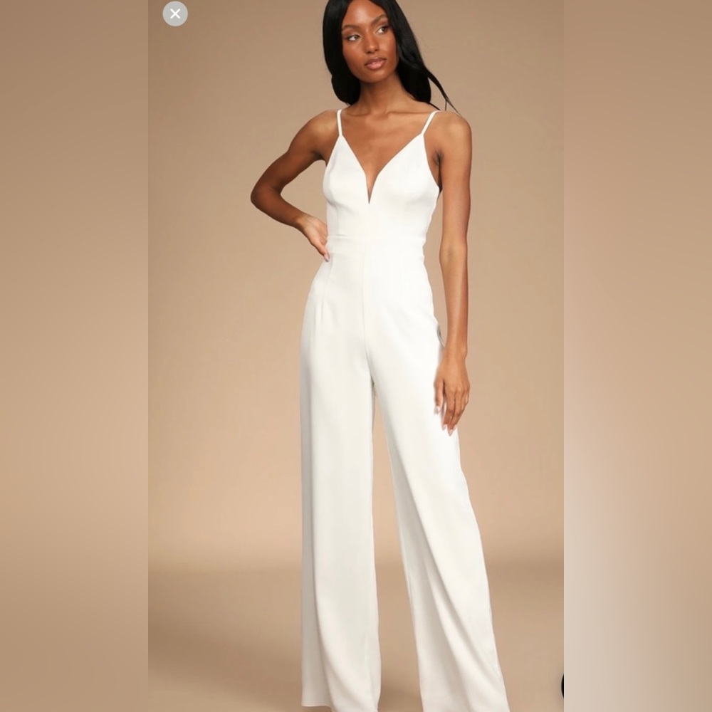 Lulu’s Lasting Romance Ivory Satin Bow Back Leg Jumpsuit - size S - worn once